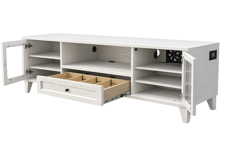 Monarch media console with doors open showing adjustable shelves and divided drawer