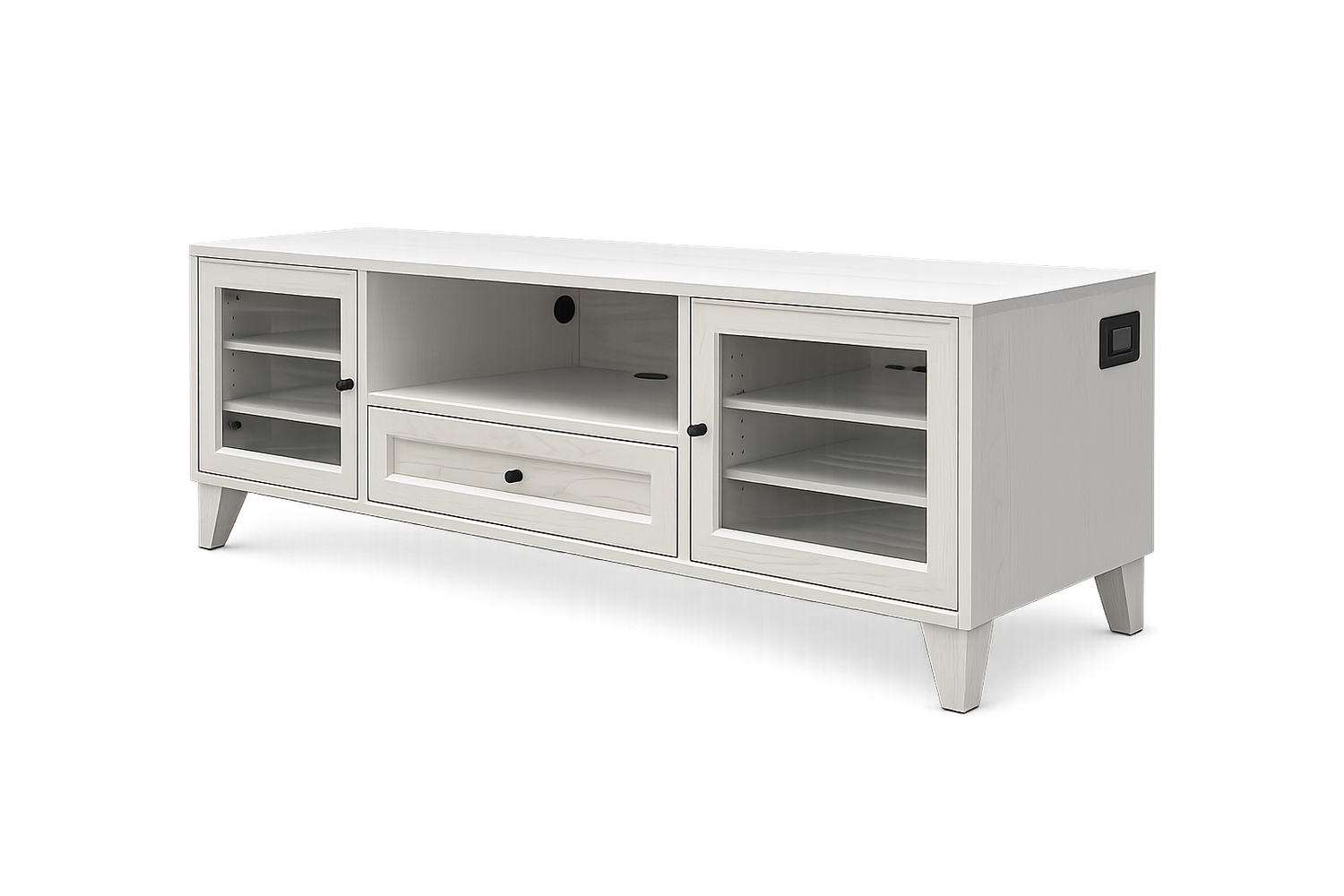 Monarch solid wood media console in white painted ash, front view