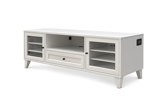 Monarch solid wood media console in white painted ash, front view