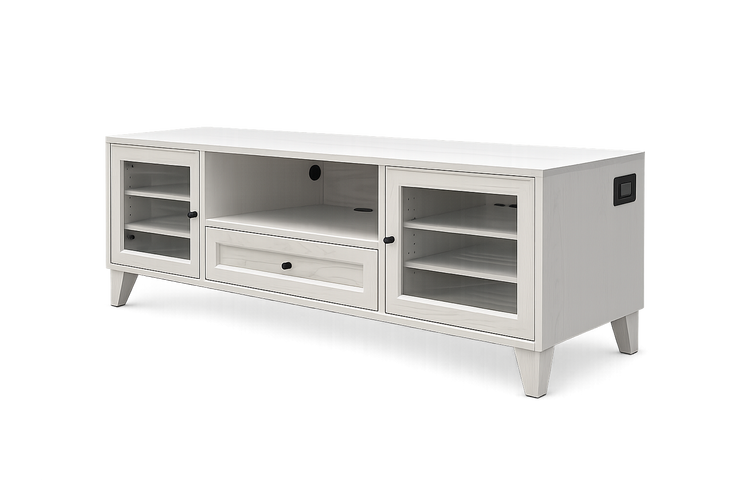 Monarch solid wood media console in white painted ash, front view