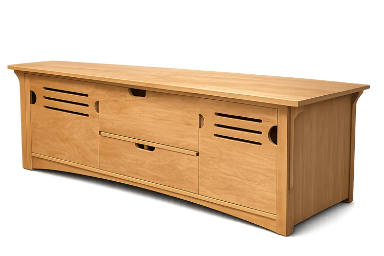 Pennington media console back panel with ventilation slots and wire access cutouts