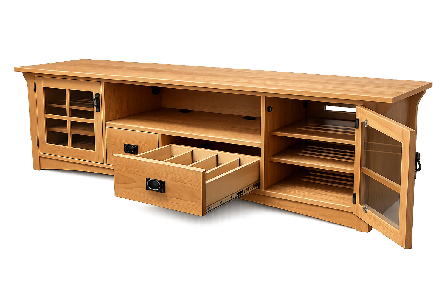 Pennington media console with drawers open showing removable dividers and adjustable shelves