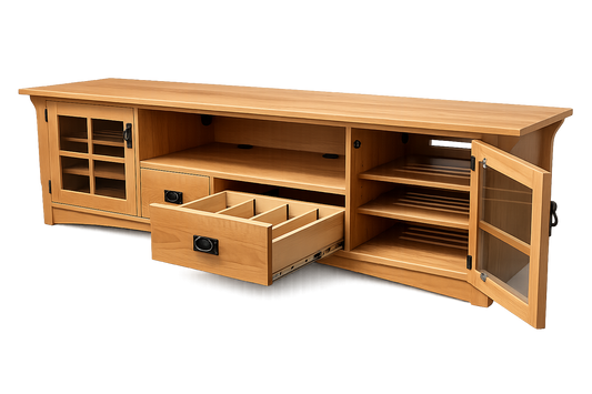 Pennington media console with drawers open showing removable dividers and adjustable shelves