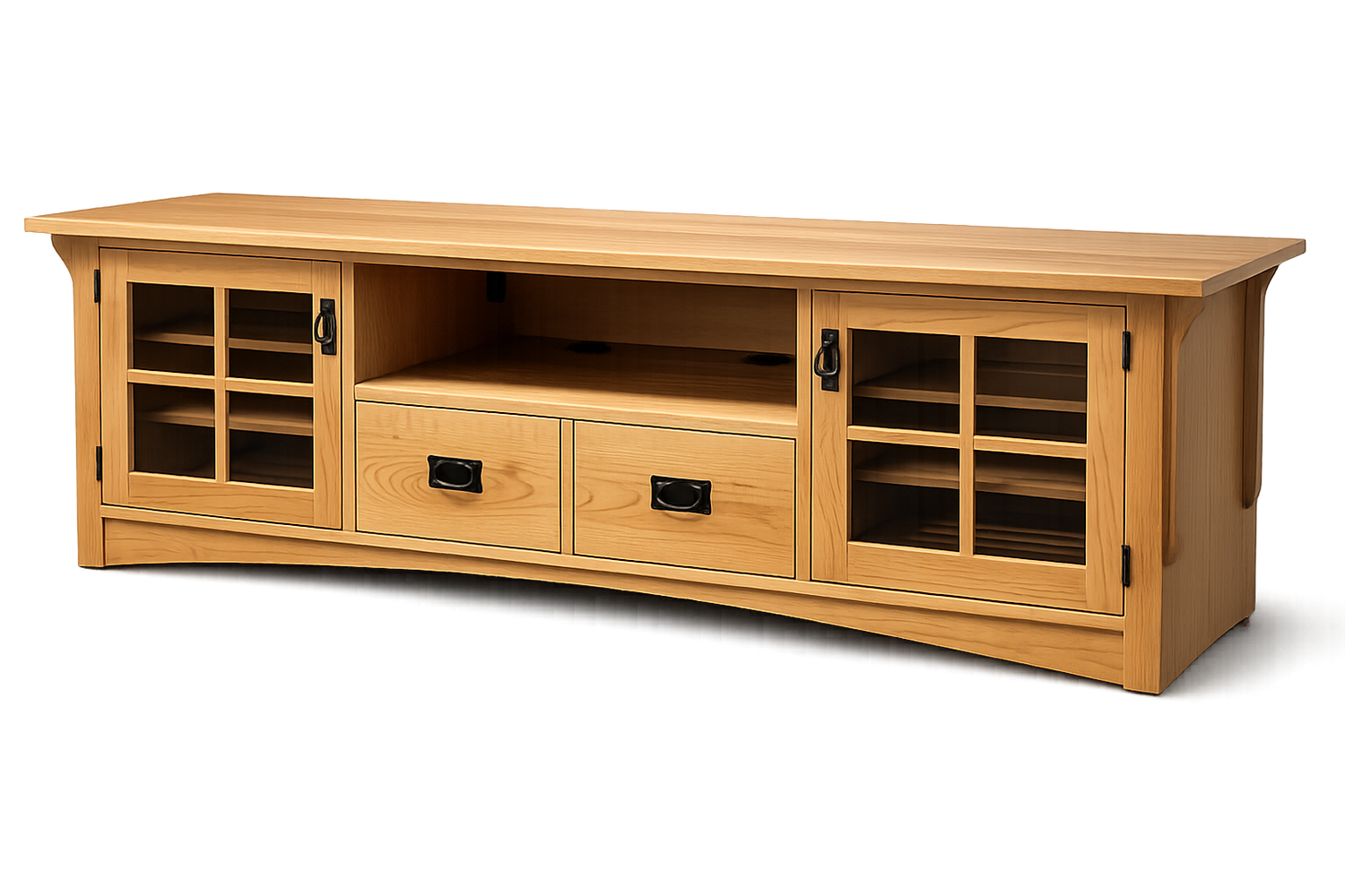 Pennington solid wood media console front view with wood framed glass doors and two center drawers