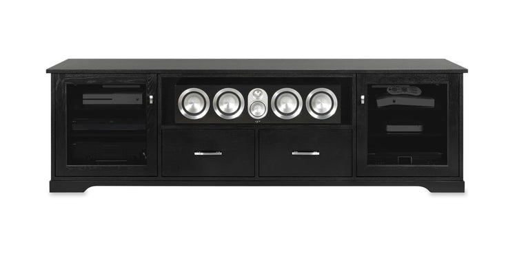 Horizon Solid Wood Media Console - with center speak shelf and dovetail media storage drawers - Black Ash - 82" Wide - Made in the USA