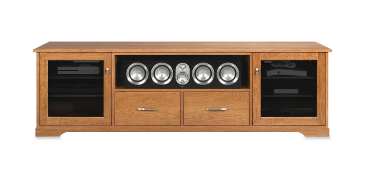 Horizon Solid Wood Media Console - with center speak shelf and dovetail media storage drawers - Natural Cherry - 82" Wide - Made in the USA