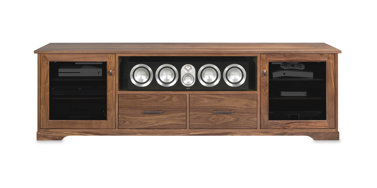 Horizon Solid Wood Media Console - with center speak shelf and dovetail media storage drawers - Natural Walnut - 82" Wide - Made in the USA