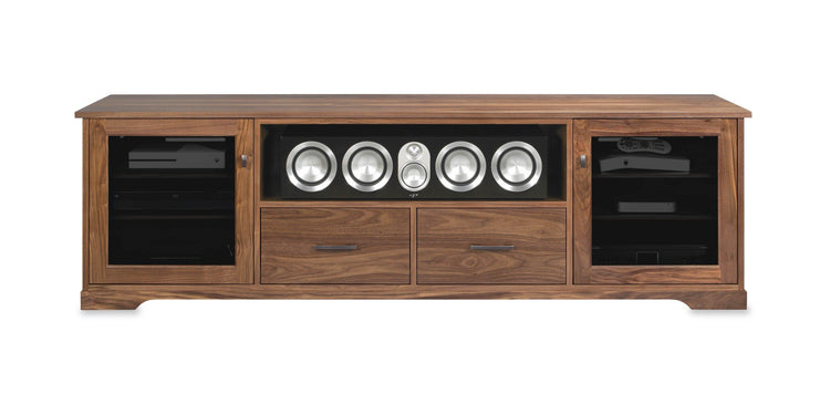 Horizon Solid Wood Media Console - with center speak shelf and dovetail media storage drawers - Natural Walnut - 82" Wide - Made in the USA